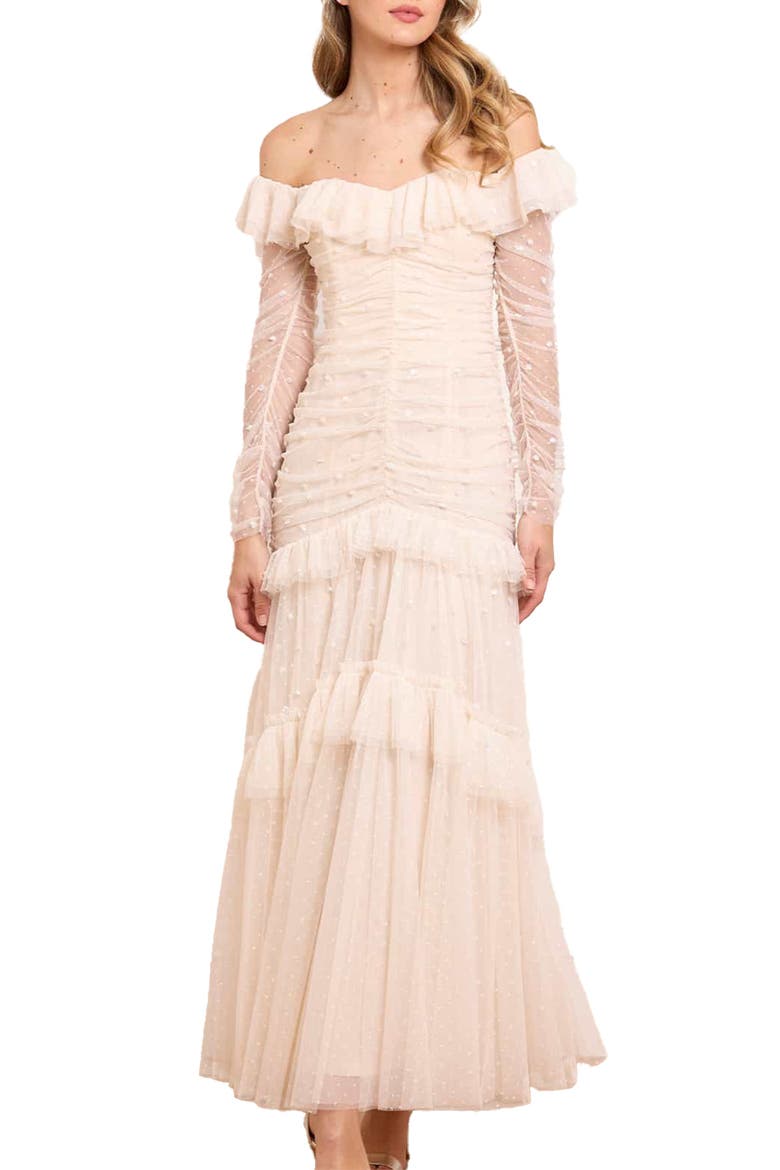 Sequin Glimmer Rouched Off-shoulder Gown, Main, color, Cream