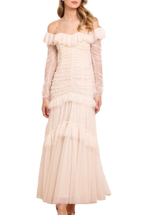Sequin Glimmer Rouched Off-shoulder Gown