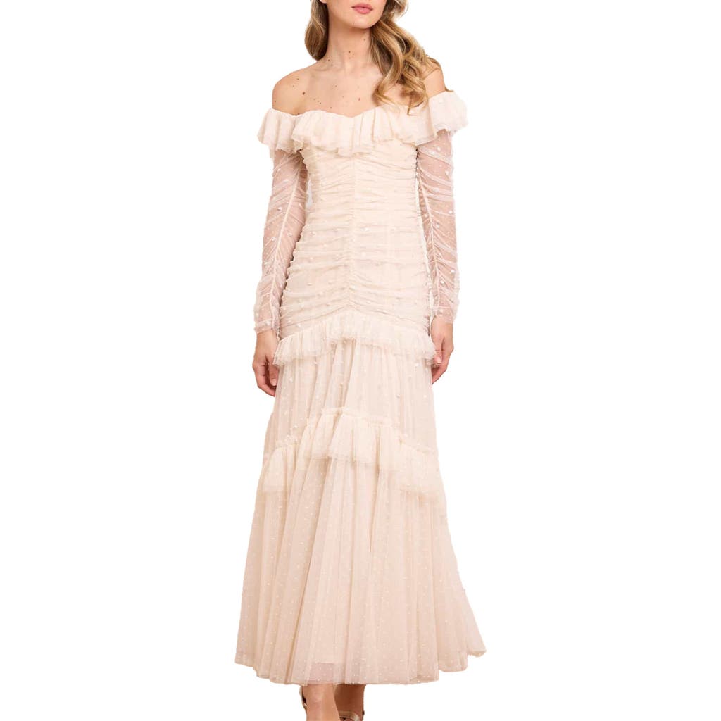 Needle & Thread Sequin Glimmer Rouched Off-shoulder Gown In Cream
