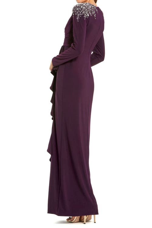 Mac Duggal Long Sleeve Gown With Cascading Ruffle & Rhinestone Shoulders In Purple