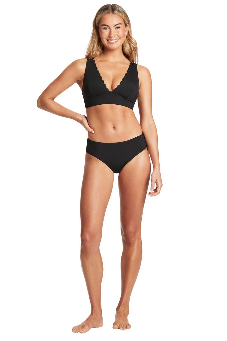 Scalloped Longline Bikini Top, Alternate, color, BLACK