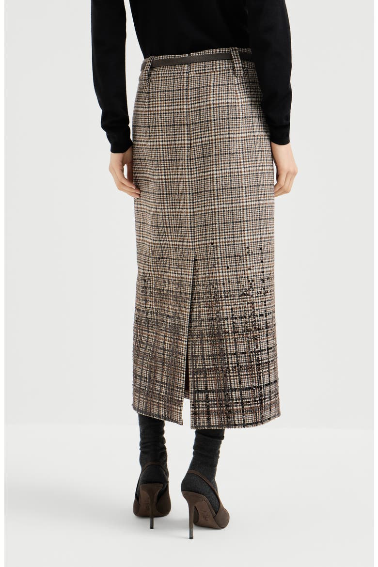 Checked alpaca and wool pencil skirt with dazzling degradé embroidery, Alternate, color, Brown