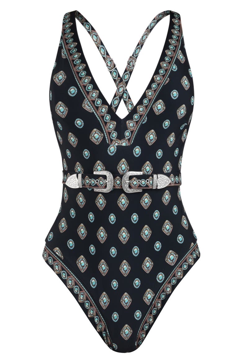 Lisa Southwestern Belted One-Piece Swimsuit, Alternate, color, BLACK