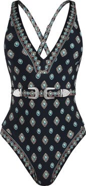 L'AGENCE Lisa Southwestern Belted One-Piece Swimsuit