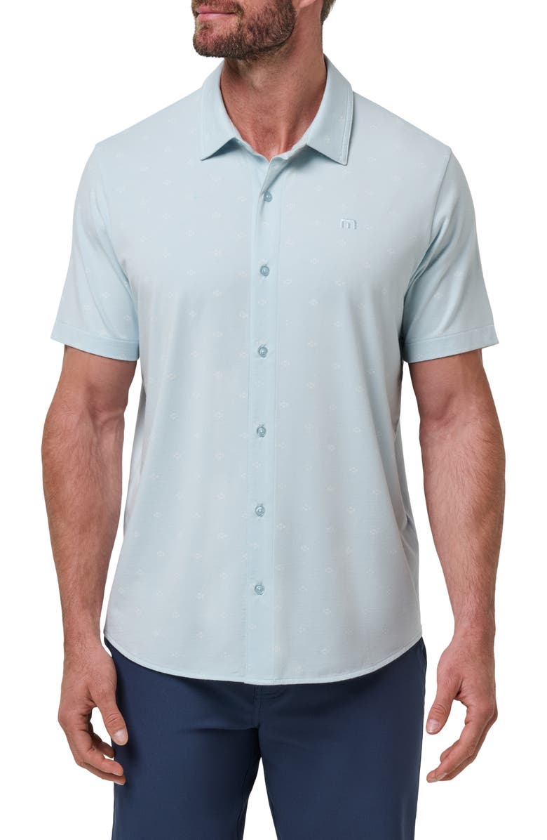 TravisMathew Shore of It Geo Print Short Sleeve Button-Up Knit Shirt, Main, color, Azzurro