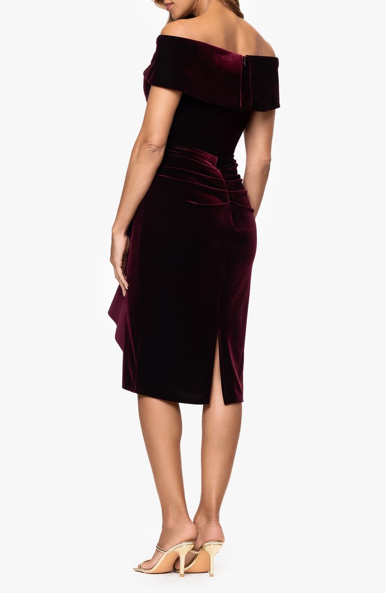 Xscape Evenings Ruched Ruffle Off the Shoulder Velvet Cocktail Dress, Alternate, color, Burgundy