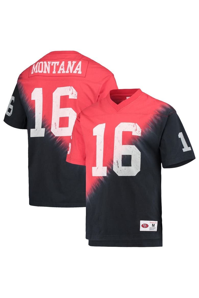 Men's Mitchell & Ness Joe Montana Black/Red San Francisco 49ers Retired Player Name & Number Diagonal Tie-Dye V-Neck T-Shirt, Main, color, Black