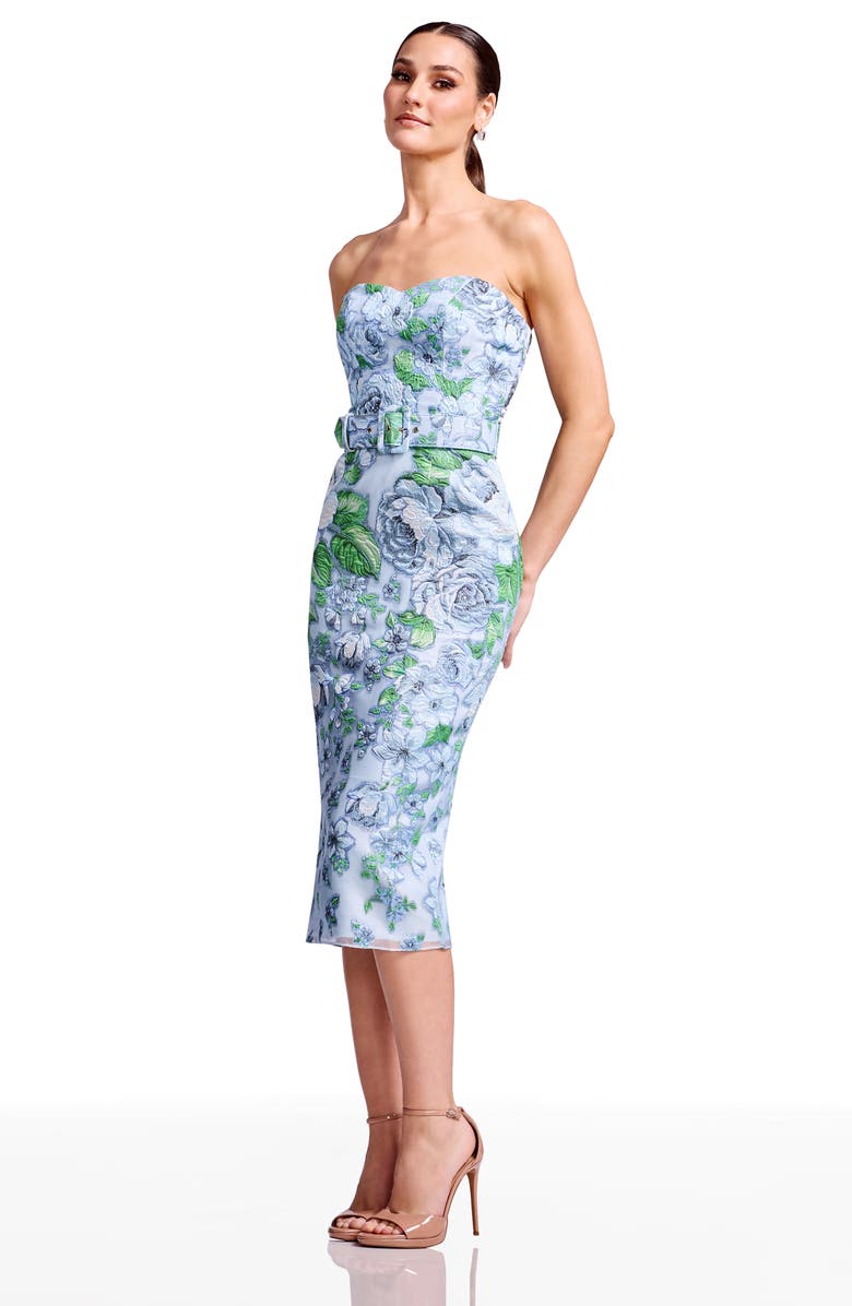 Dress the Population Shailene Belted Embroidered Floral Strapless Midi Cocktail Dress, Alternate, color, Sky Multi