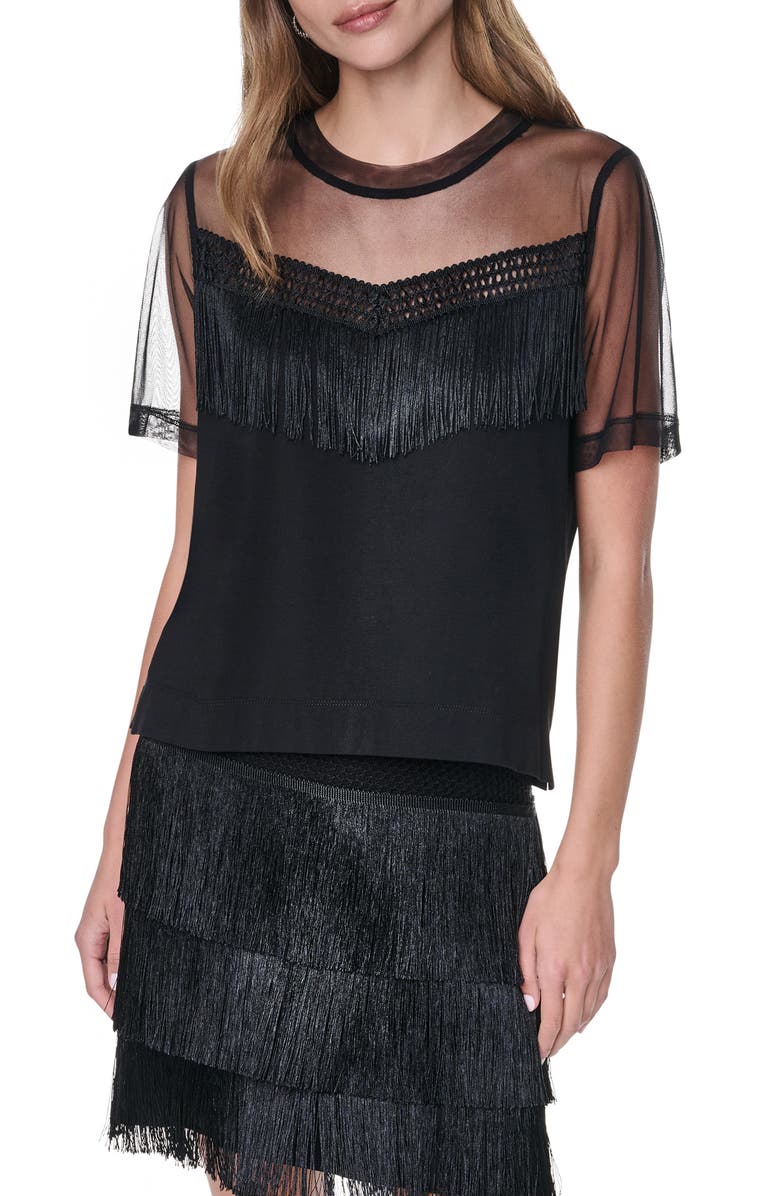 DKNY Fringe Detail Cotton Blend Mesh Top, Main, color, Black