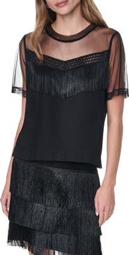 DKNY Fringe Detail Cotton Blend Mesh Top