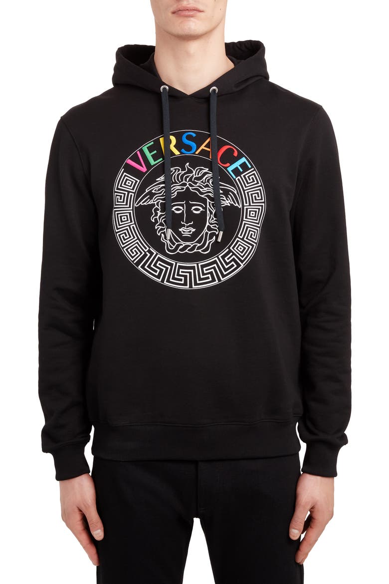 Embroidered Logo Medusa Head Hoodie, Main, color, BLACK