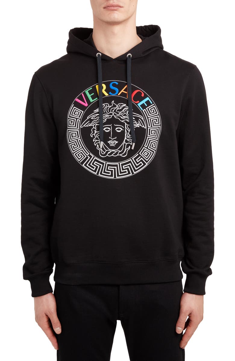 Versace Embroidered Logo Medusa Head Hoodie, Main, color, 
