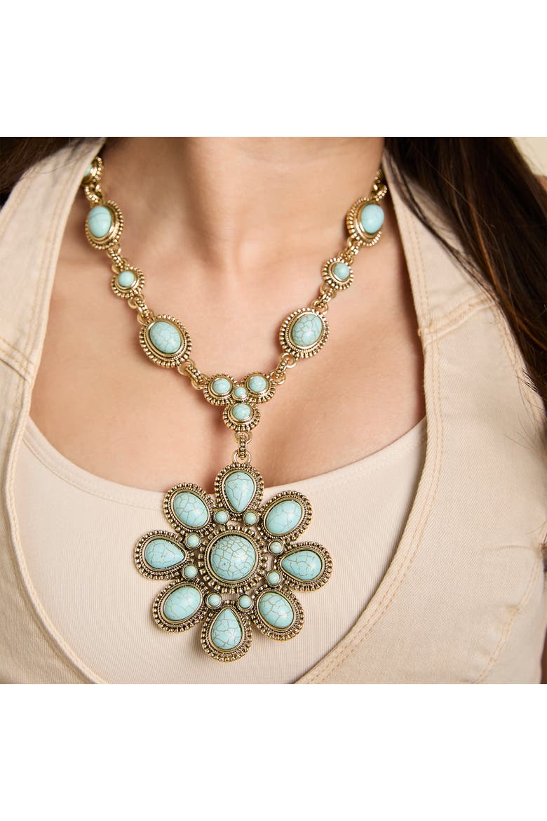 Women's Large Turquoise Stone Flower Necklace in Silver or Gold Tone, Alternate, color, Gold, turquoise