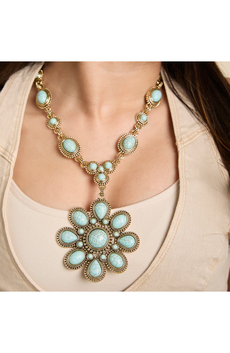 Jessica Simpson Women's Large Turquoise Stone Flower Necklace in Silver or Gold Tone, Alternate, color, Gold, Turquoise