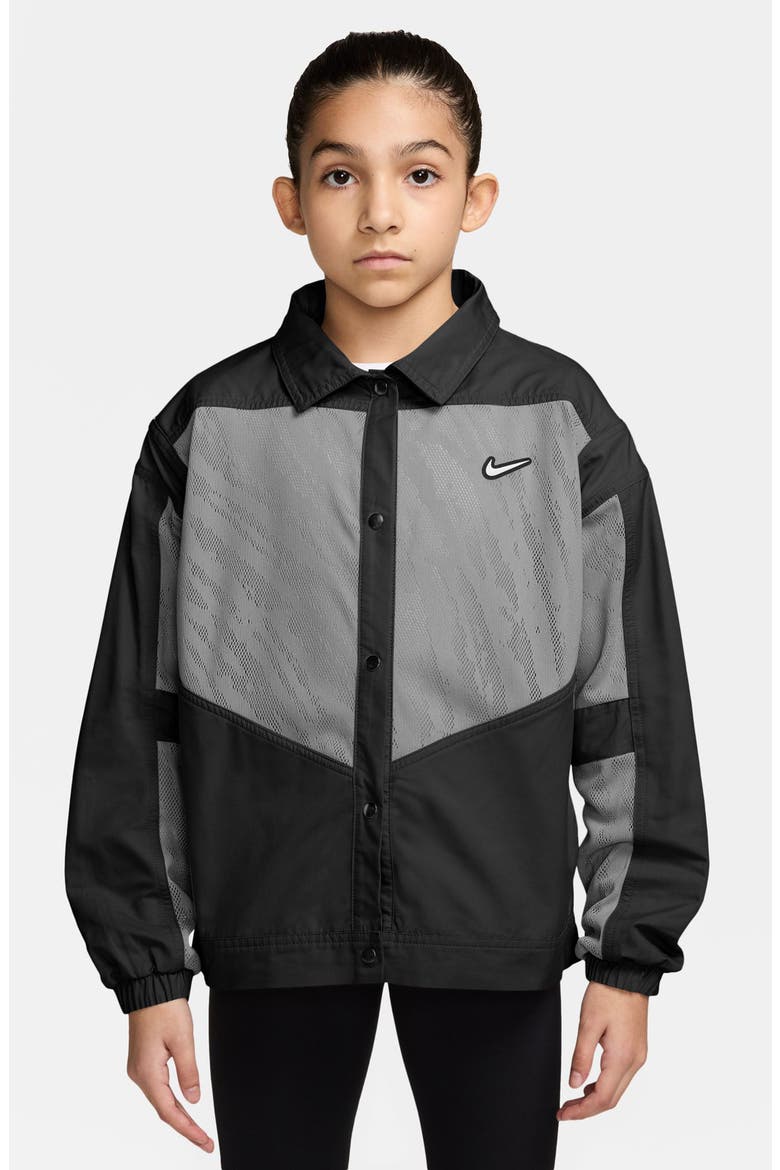 Kids' Sportswear Mesh Panel Snap Jacket, Main, color, 010 BLACK/WHITE
