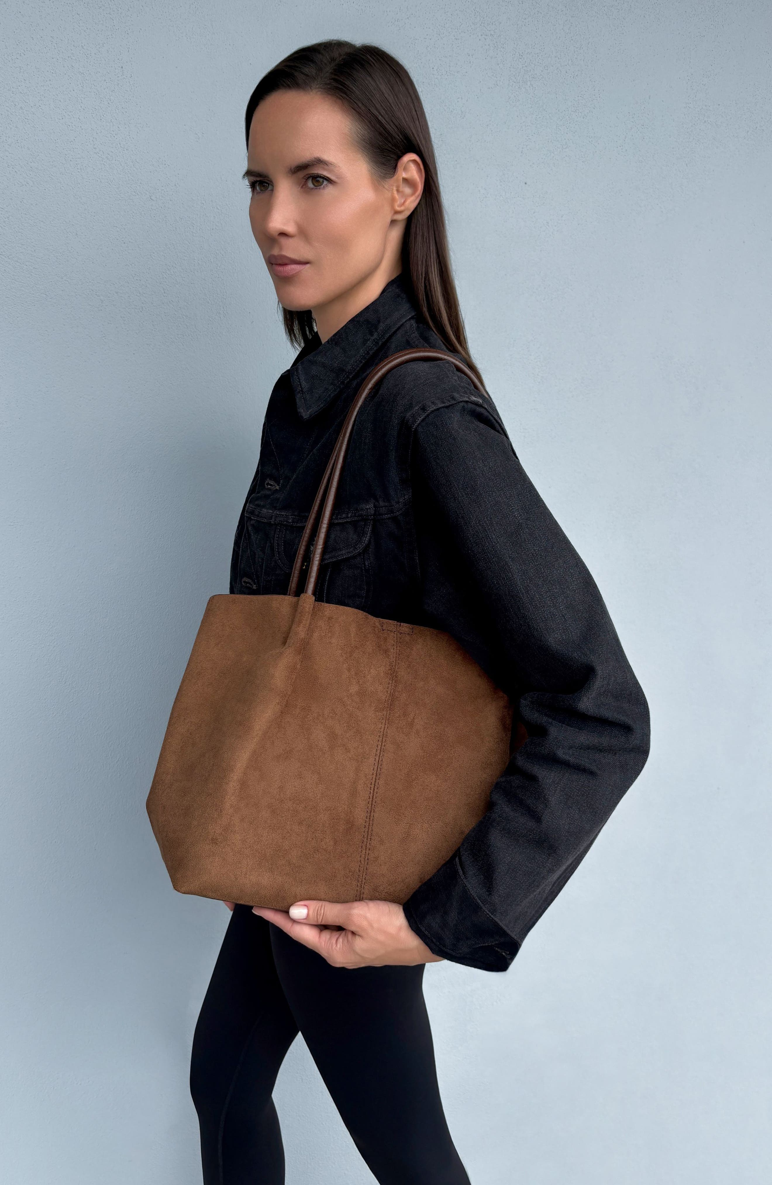 Large Faux Leather Tote with Clutch, Alternate, color, BROWN