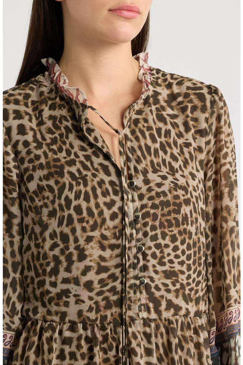 Mixed Print Long Sleeve Tiered Dress, Alternate, color, BROWN MULTI