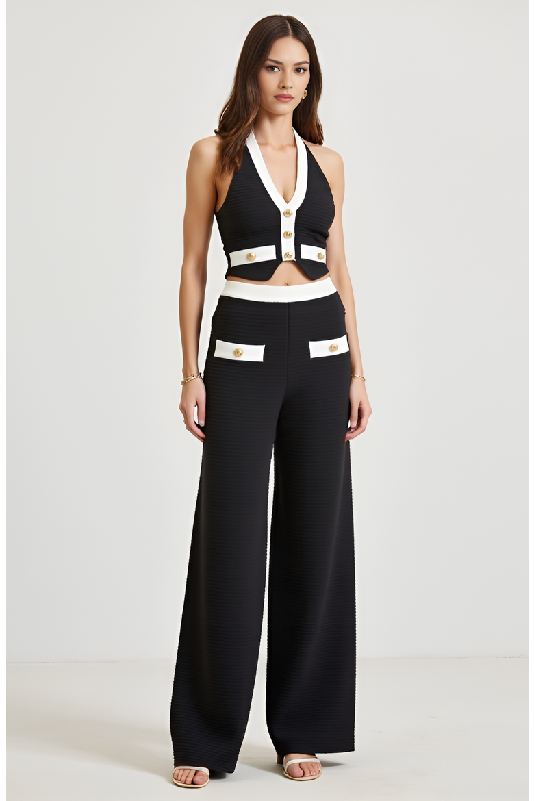 Two-Piece Halter Crop Top and Wide-Leg Pant Set, Alternate, color, Black / White Trim