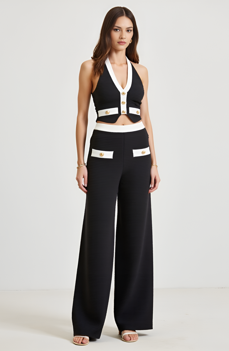 Modenaire Two-Piece Halter Crop Top and Wide-Leg Pant Set, Alternate, color, Black / White Trim