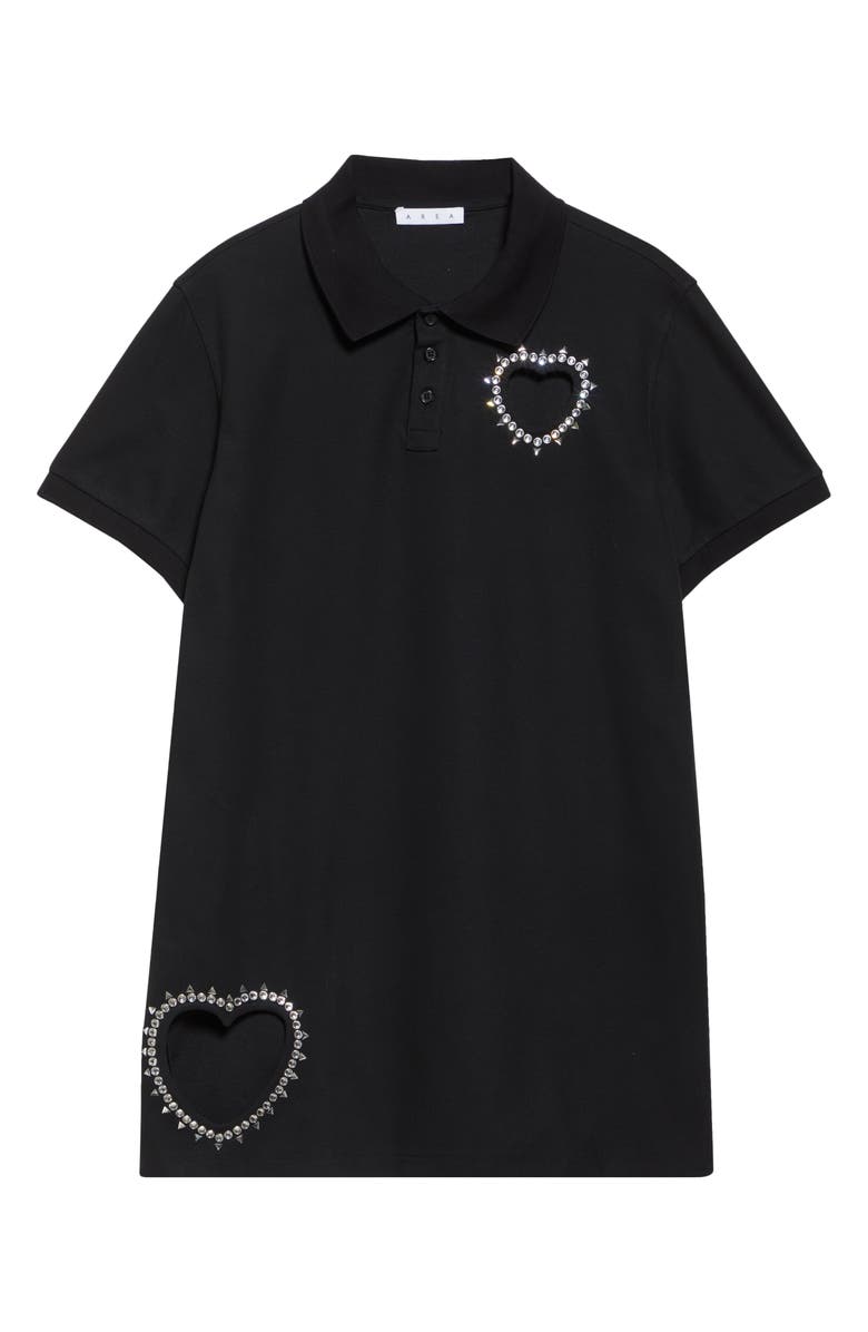 Area Crystal Trim Heart Cutout Cotton Piqué Polo Dress, Alternate, color, Black