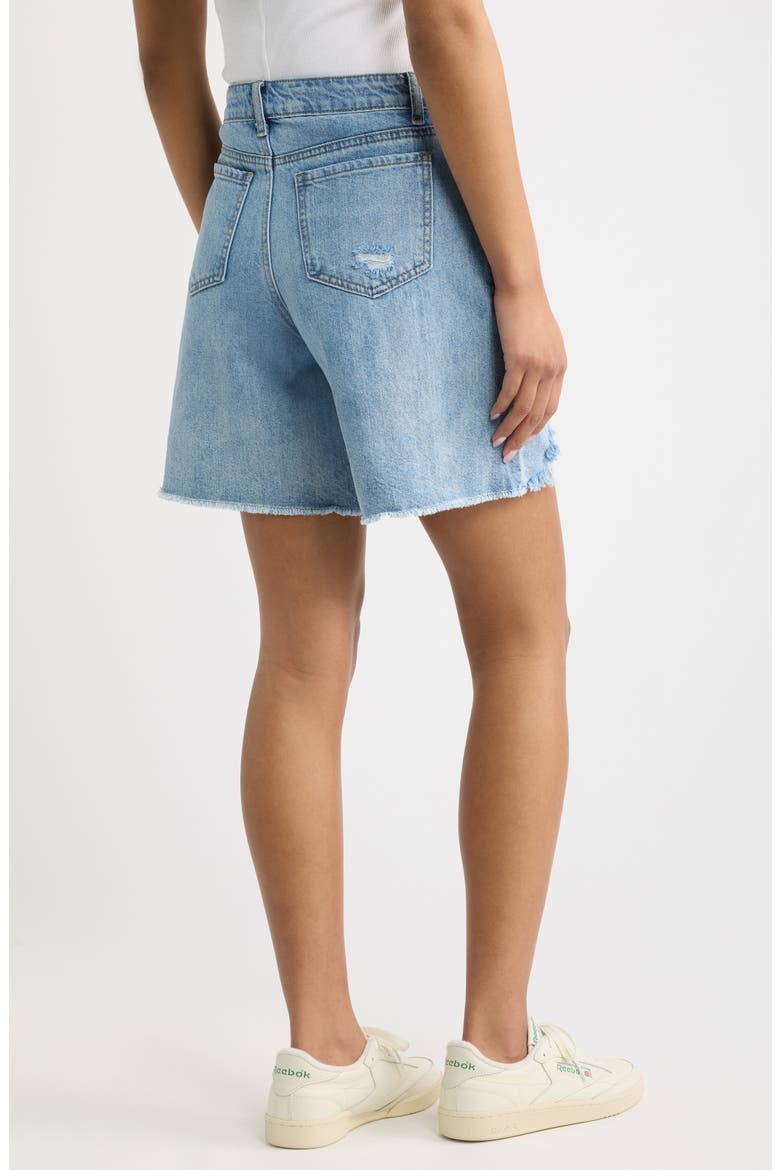 Distressed High Waist Raw Hem Denim Shorts, Alternate, color, MEDIUM INDIGO