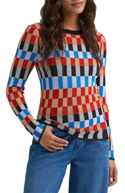 Checked Long Sleeve Knit Top