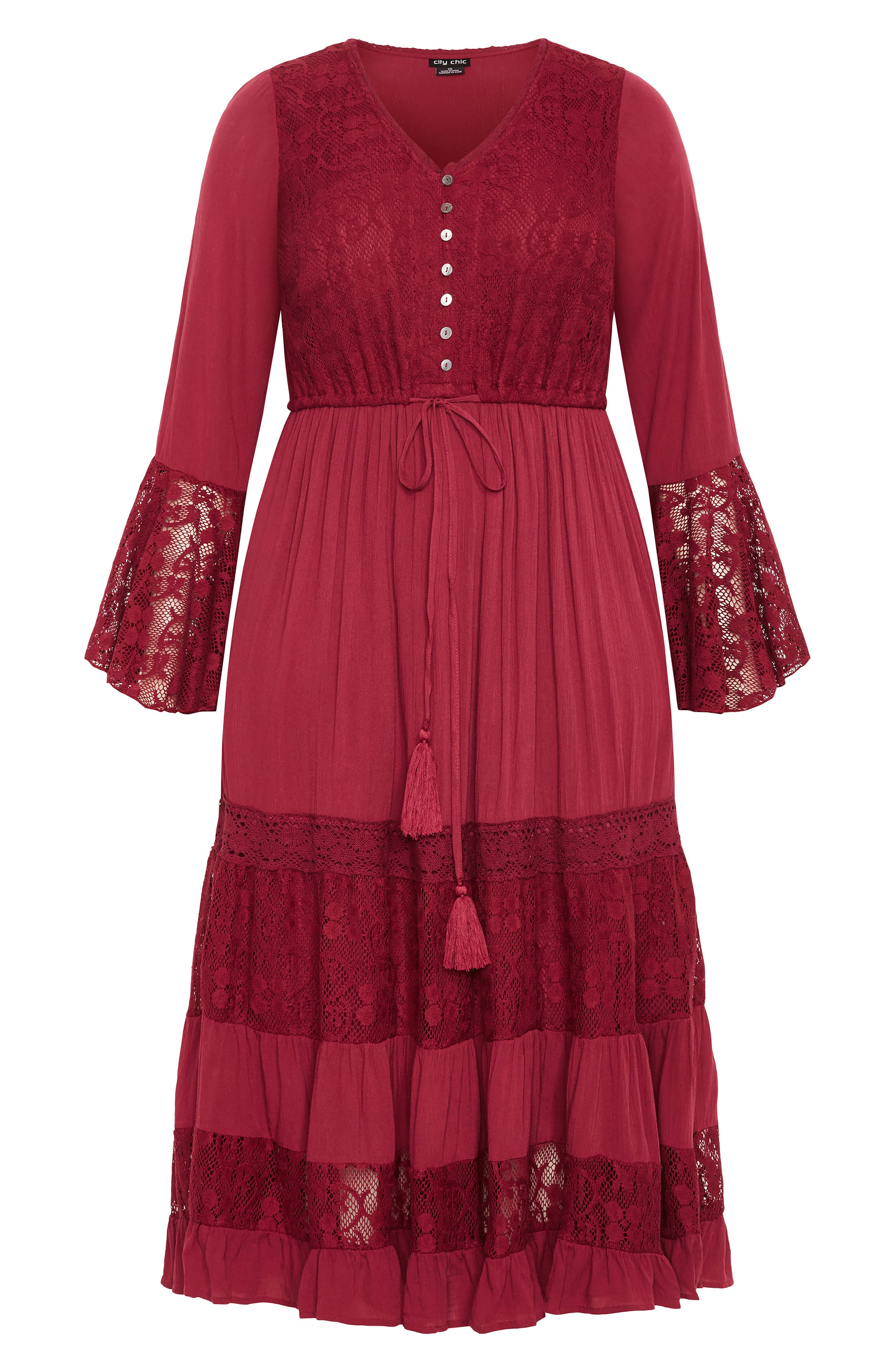 City Chic Dulce Lace Detail Long Sleeve Maxi Dress In Red
