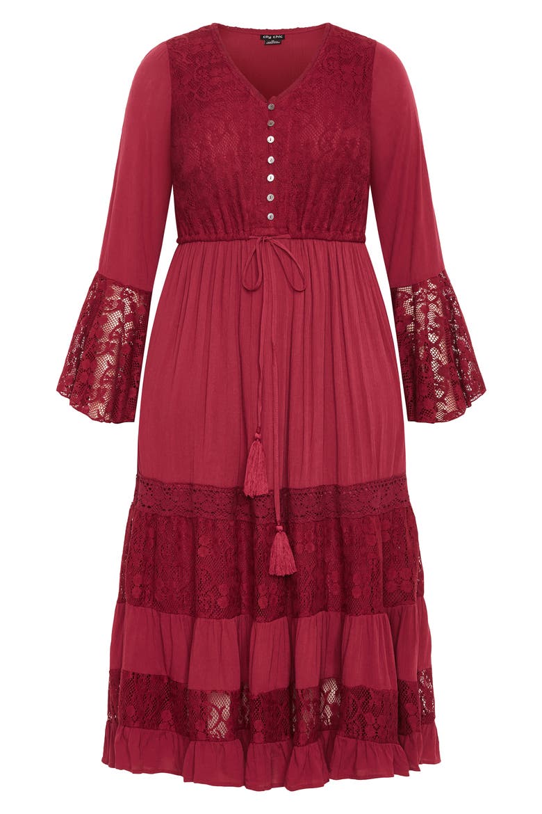 Dulce Lace Detail Long Sleeve Maxi Dress, Alternate, color, RED