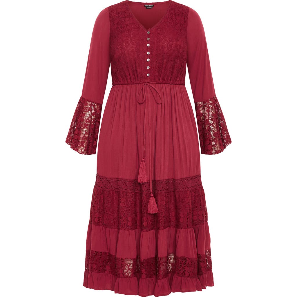 City Chic Dulce Lace Detail Long Sleeve Maxi Dress In Red