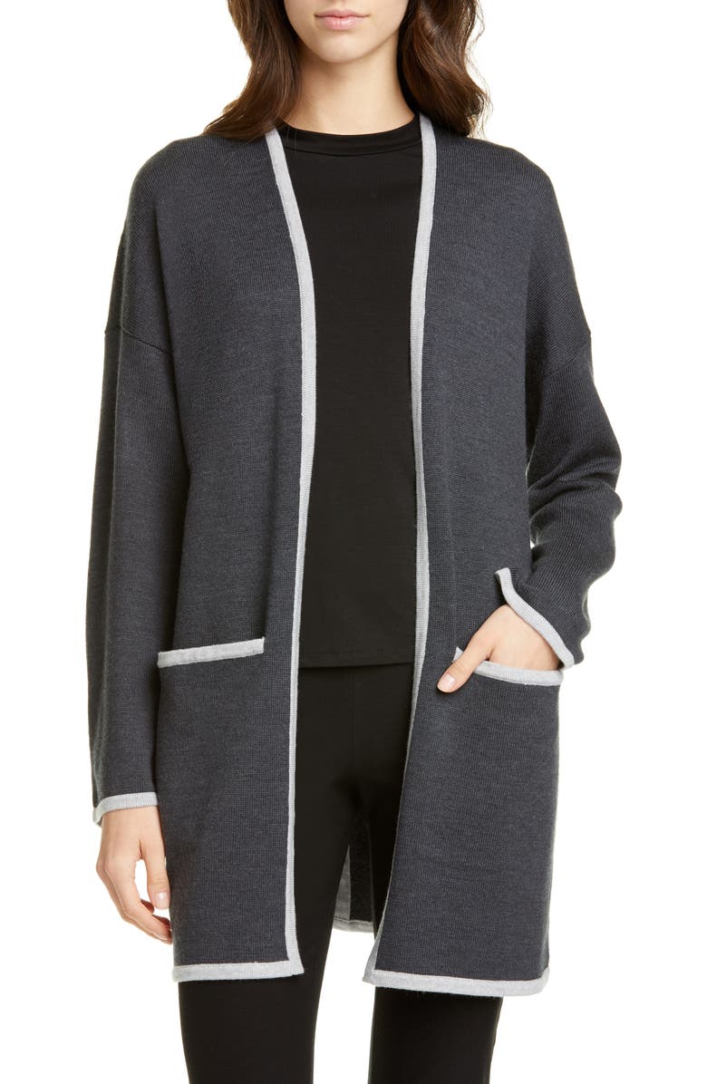 Eileen Fisher Contrast Border Merino Wool Cardigan, Main, color,