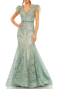 Mac Duggal Embellished Feather Cap Sleeve Trumpet Gown
