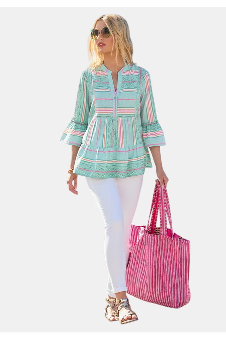 Bell Sleeve Tunic, Main, color, AQUA BOHO STRIPES