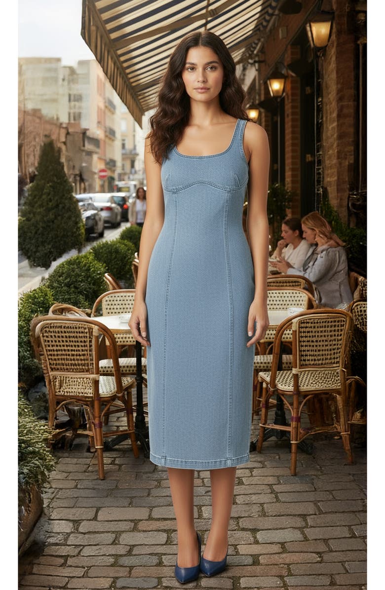 bebe The Slim Denim Midi Dress, Alternate, color, Stone Blue