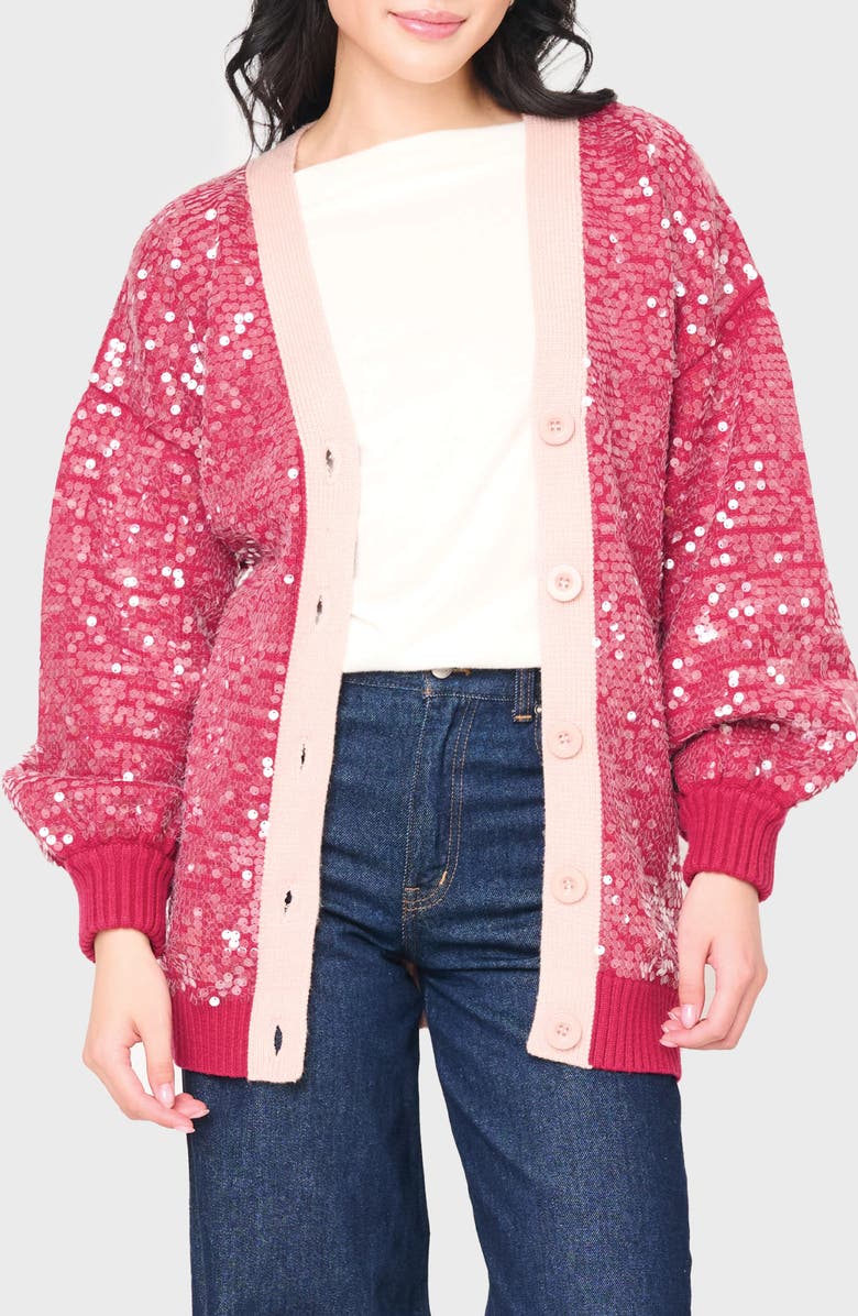 GIBSONLOOK Friday Colorblock Sequin Cardigan, Main, color, Cerise / Pink Smoke