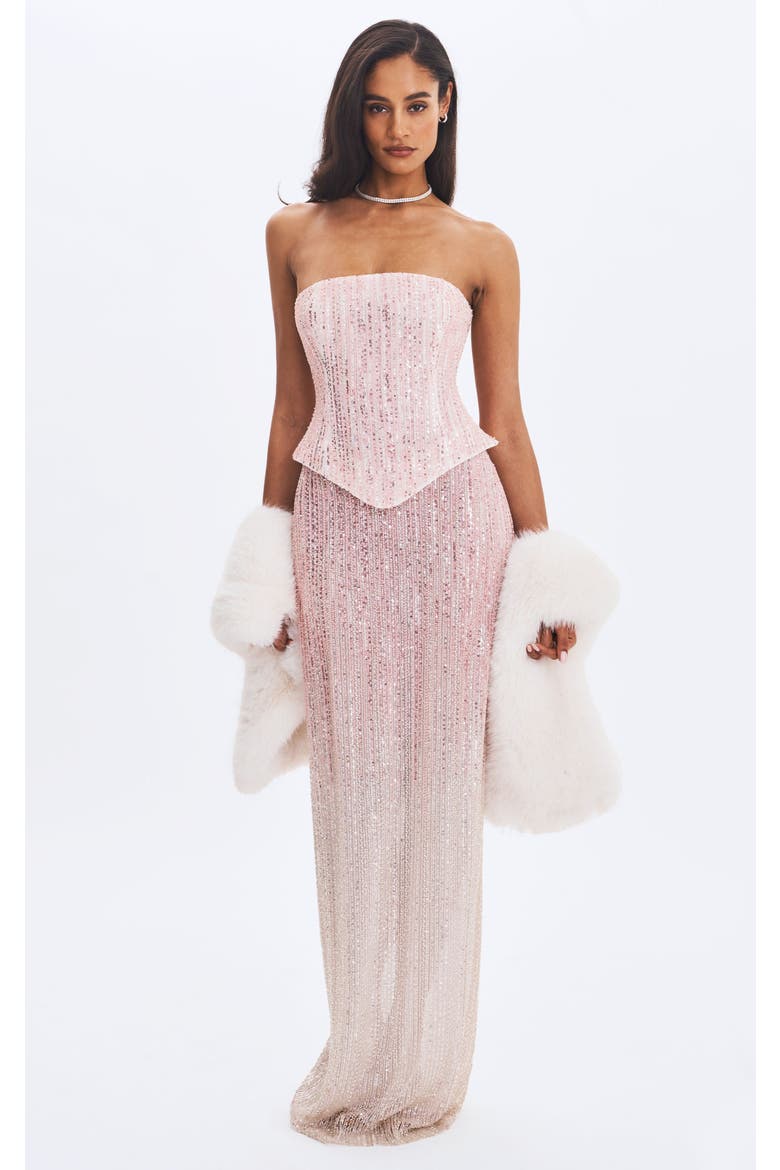 Tosca Beaded Gradient Strapless Peplum Maxi Dress, Alternate, color, Blush