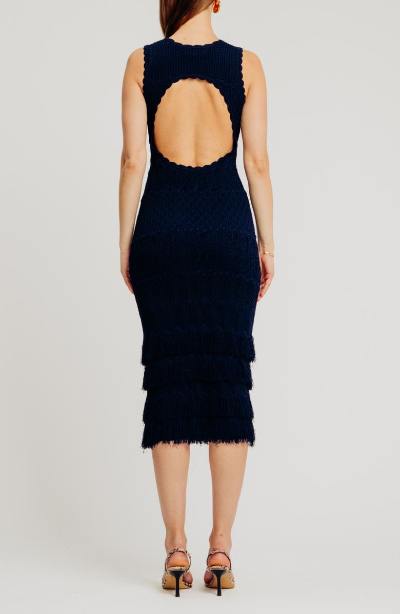 Torn by Ronny Kobo Ryan Sleeveless Fringe Midi Dress, Alternate, color, Navy