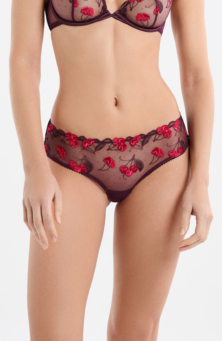 Etam It's Cherry Prune Embroidered Thong, Main, color, Plum