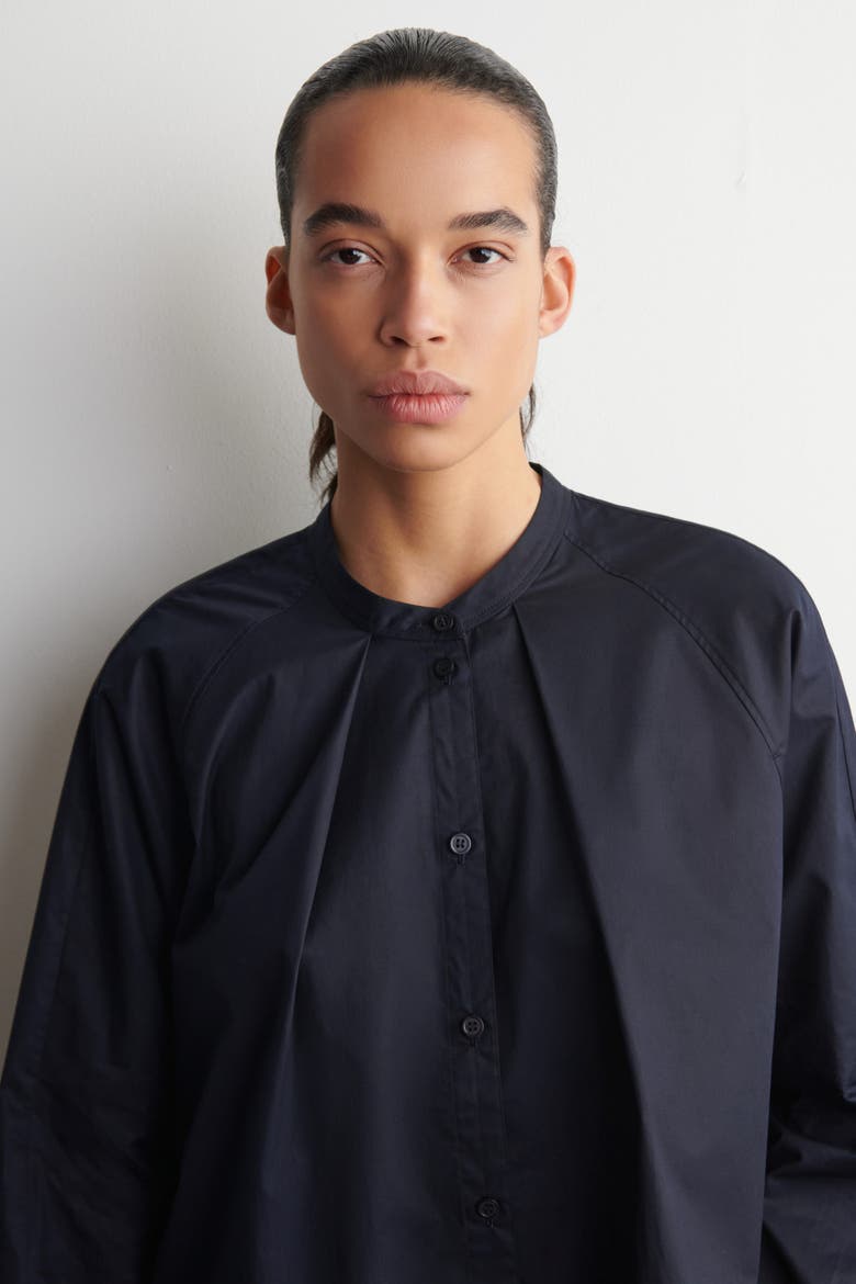 Grandad-Collar Cotton Shirt, Alternate, color, NAVY