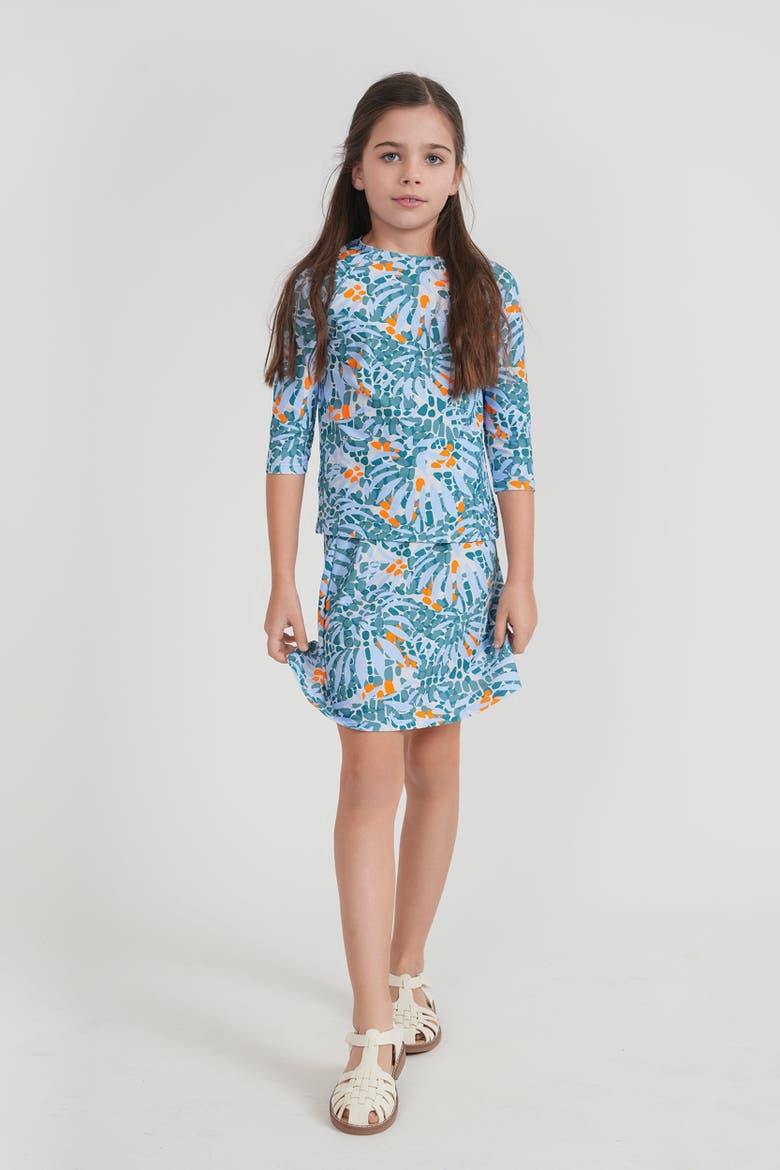 Floral Rashguard Top and Elastic Waist Skirt Two Piece Swim Set, Alternate, color, Blue