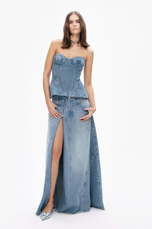 NOCTURNE NOCTURNE SWEETHEART NECKLINE DENIM BLOUSE