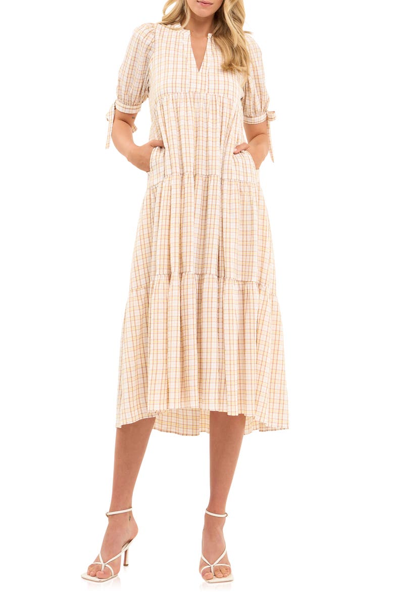 Plaid Tiered Midi Dress, Main, color, IVORY MULTI