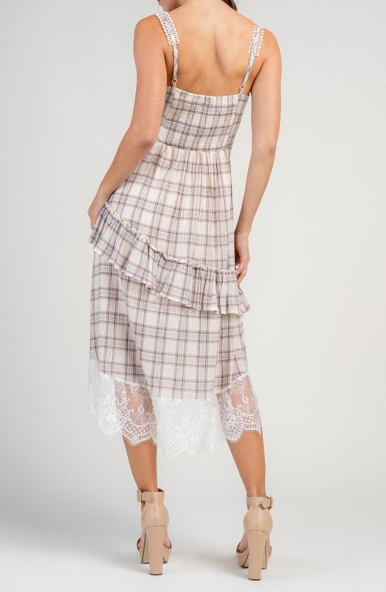 Beivy Plaid Lace Trim Asymmetric Hem Dress, Alternate, color, Brown/ Beige Multi