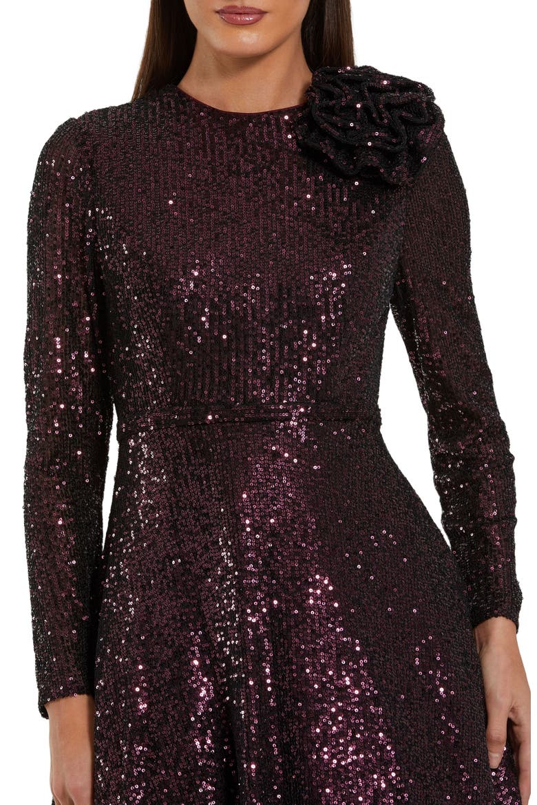 Long Sleeve Sequin Ballgown With 3D Flower, Main, color, Amethyst