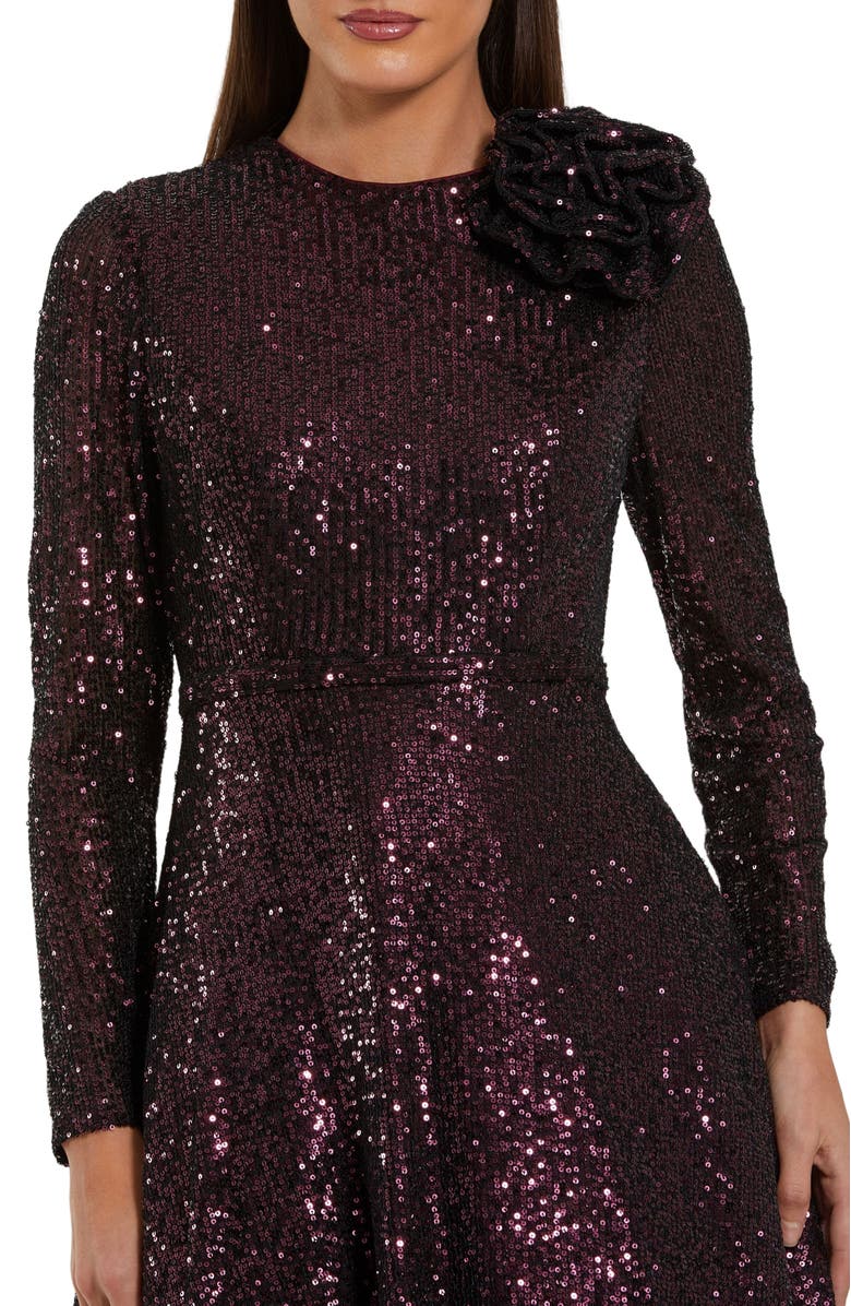 Mac Duggal Long Sleeve Sequin Ballgown With 3D Flower, Main, color, Amethyst