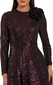 Mac Duggal Long Sleeve Sequin Ballgown With 3D Flower