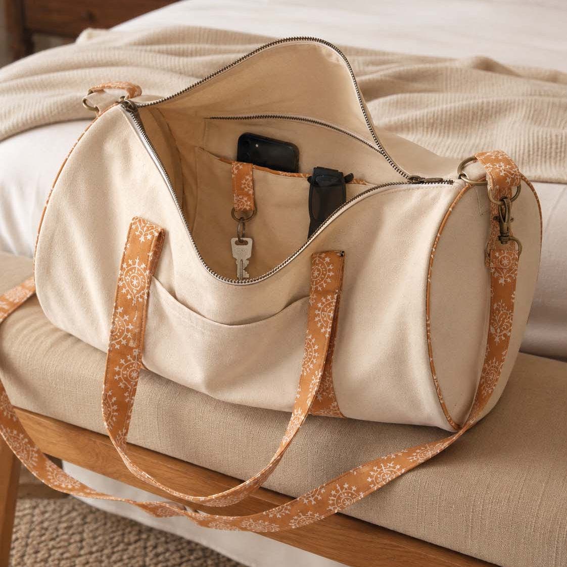 Canvas Duffle Bag with Washable Cotton and Block-Printed Straps, Alternate, color, Marigold Honey