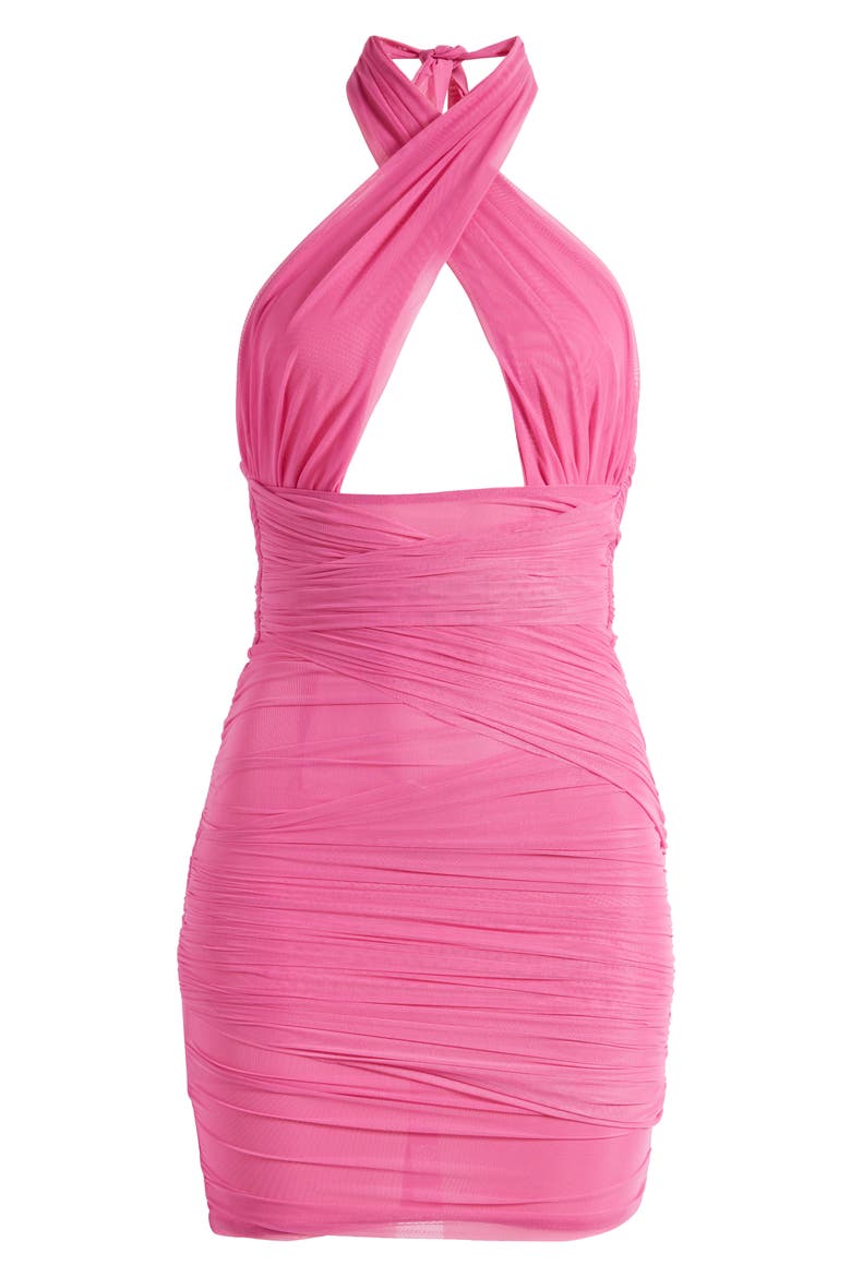 Cutout Crossover Mesh Cocktail Halter Minidress, Alternate, color, MAGENTA