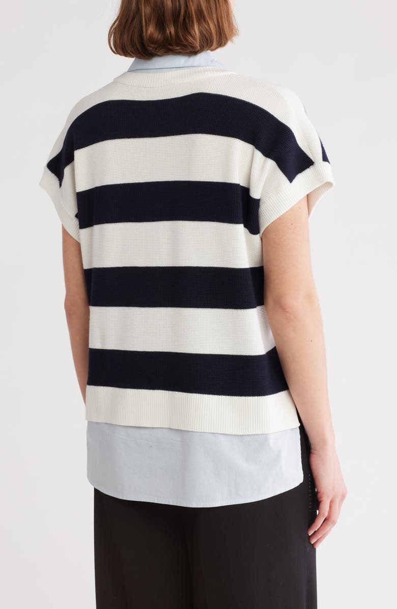 Adrianna Papell Short Sleeve Stripe Mixed Media Sweater, Alternate, color, Chambray W/ Navy/ Ivory