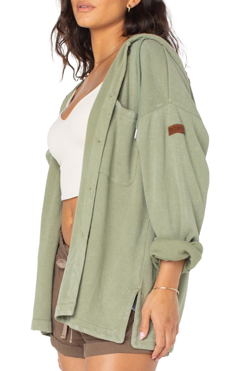 Roxy Clear Water Waffle Knit Button Front Hoodie, Alternate, color, Oil Green