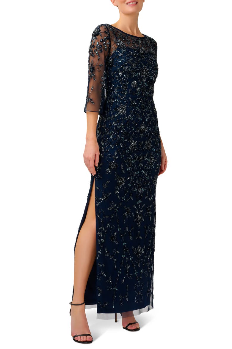 Sequin Beaded Semisheer Column Gown, Main, color, MIDNIGHT